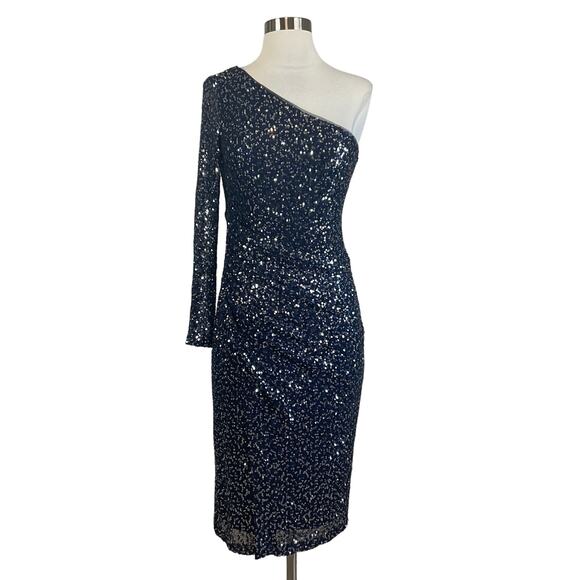 Betsy & Adam Women's Cocktail Dress Size 8 Blue Sequin One Shoulder Midi Sheath - Picture 1 of 14